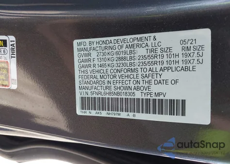 2022 Honda Odyssey Touring z USA, uszkodzony, nr VIN 5FNRL6H85NB018305